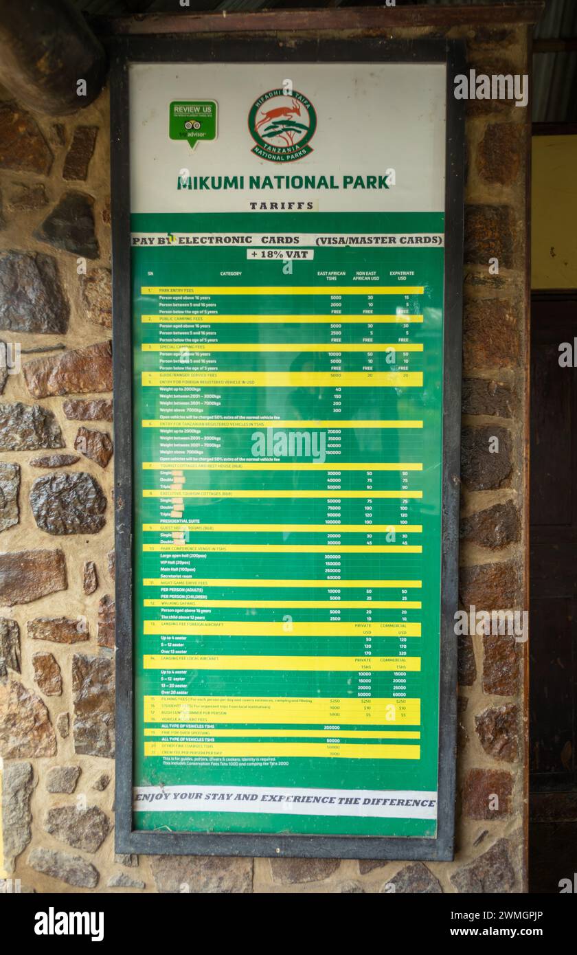 Un cartello indicante la tariffa e i prezzi di entrata presso l'ufficio all'ingresso del Parco Nazionale di Mikumi in Tanzania Foto Stock