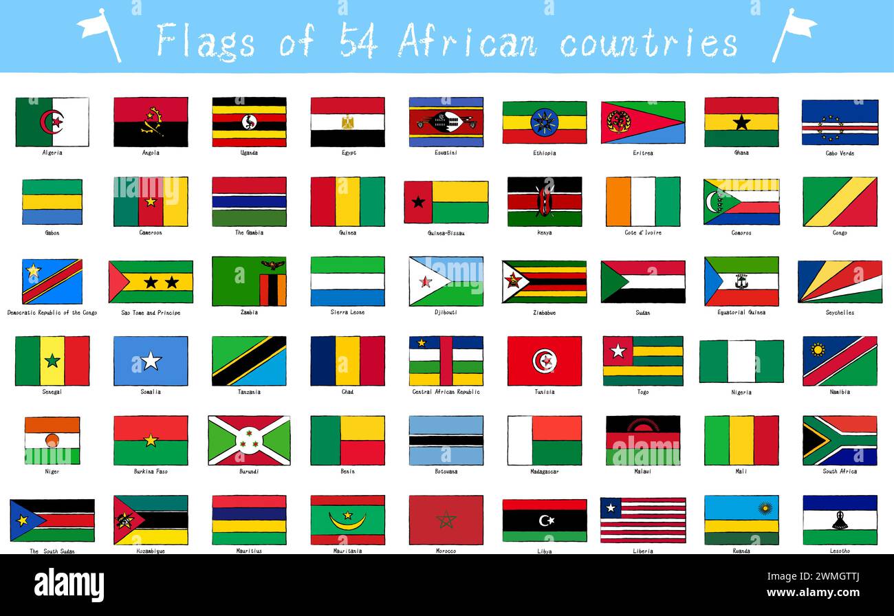 World Flag, serie di 54 paesi africani, stile dipinto a mano, illustrazione vettoriale Illustrazione Vettoriale