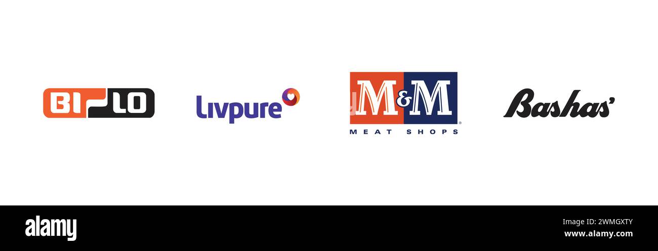 M&M Meat Shops, Livpure, Bashas, BI-lo. Collezione di logo del marchio più popolare. Illustrazione Vettoriale