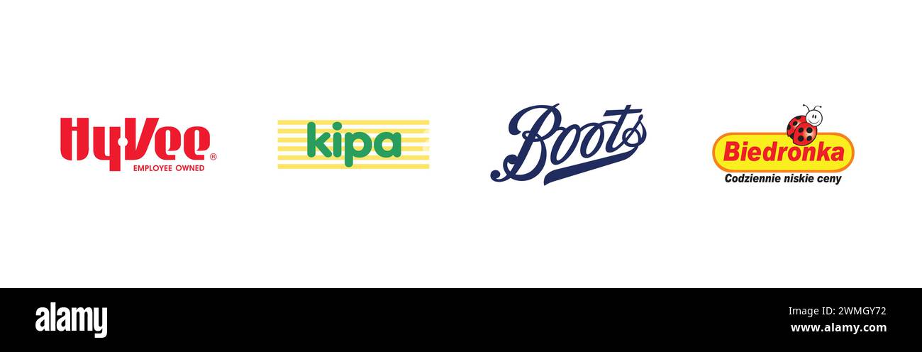 Biedronka, Boots, Kipa, Hy-Vee. Collezione di logo del marchio più popolare. Illustrazione Vettoriale