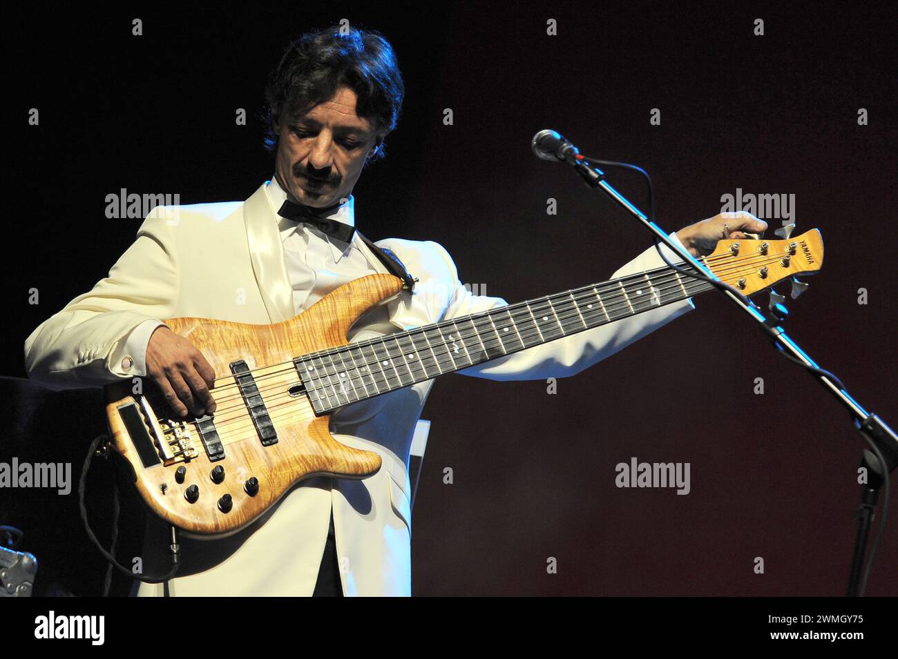 Milano Italia 2009-10-26: Faso, bassista della band Elio e le storie tese, durante il concerto dal vivo al Teatro Arcimboldi Foto Stock