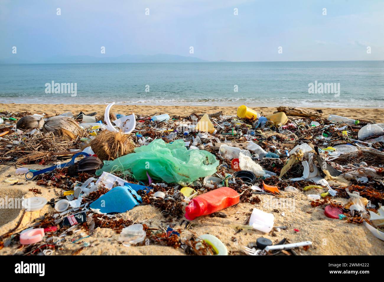 Koh Samui, Thailandia - 19 gennaio 2024: Una spiaggia piena di rifiuti e rifiuti di plastica è un simbolo diffuso dell'ambiente e del riciclaggio Foto Stock