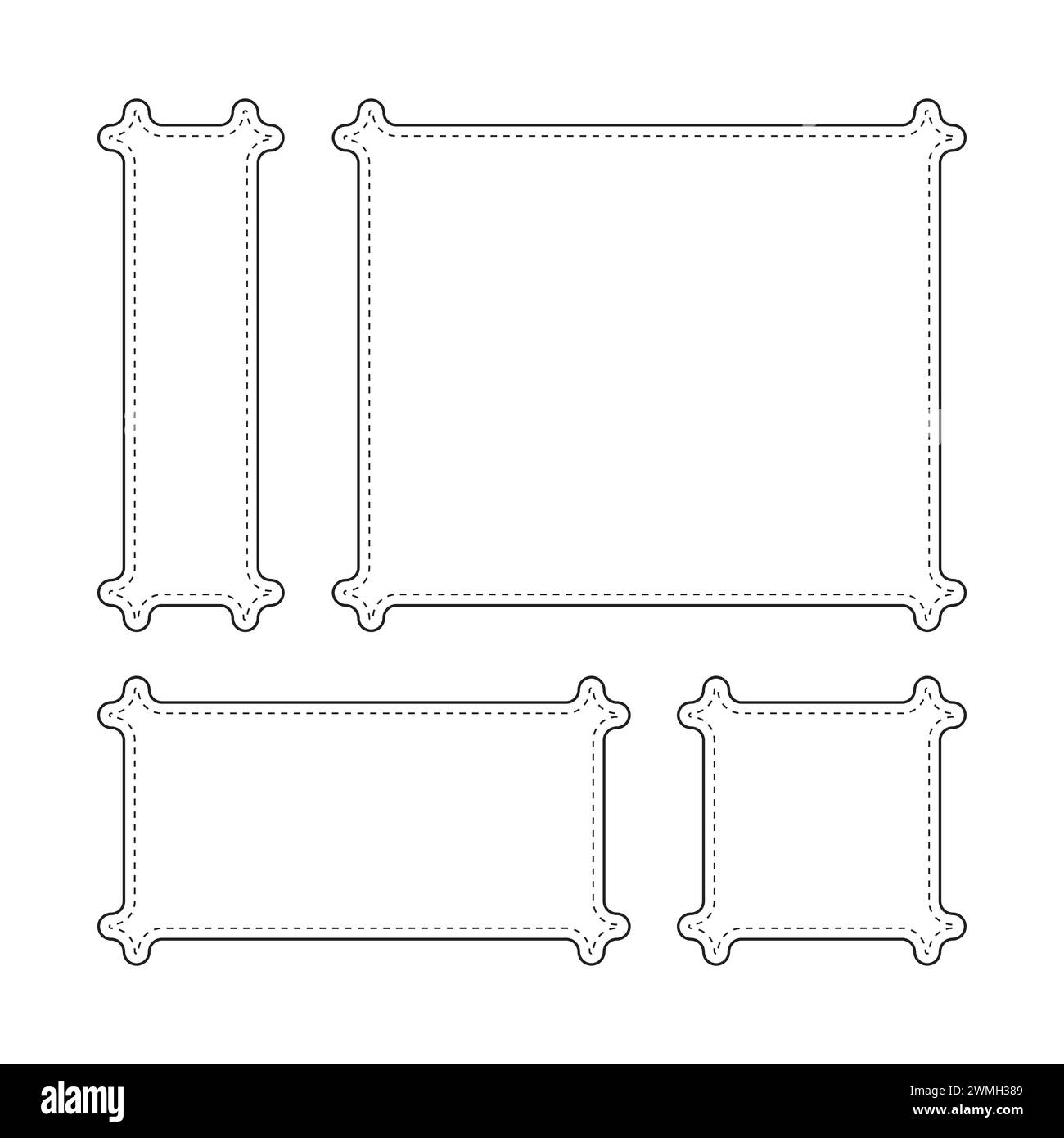 Set di icone di linea per cornici fotografiche vuote con linee tratteggiate sul bordo Illustrazione Vettoriale