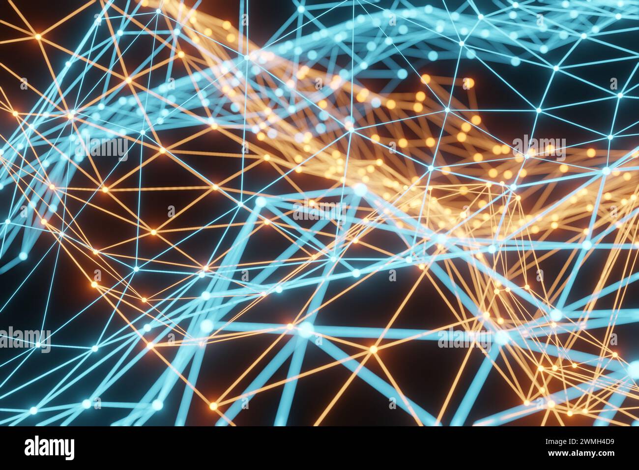 Rendering astratto generato digitalmente, visualizzazione di una rete neurale, struttura IT, rete e connessioni sociali Foto Stock