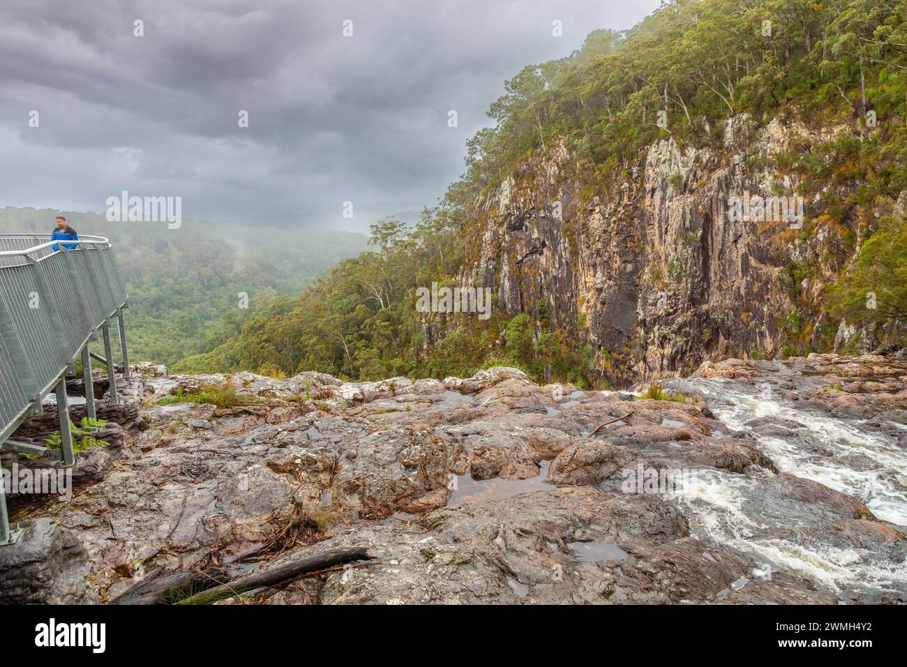 La cima delle Minyon Falls nel Nightcap National Park vicino ad Alstonville, NSW, Australia. Il parco è sede di una foresta pluviale patrimonio dell'umanità. Foto Stock