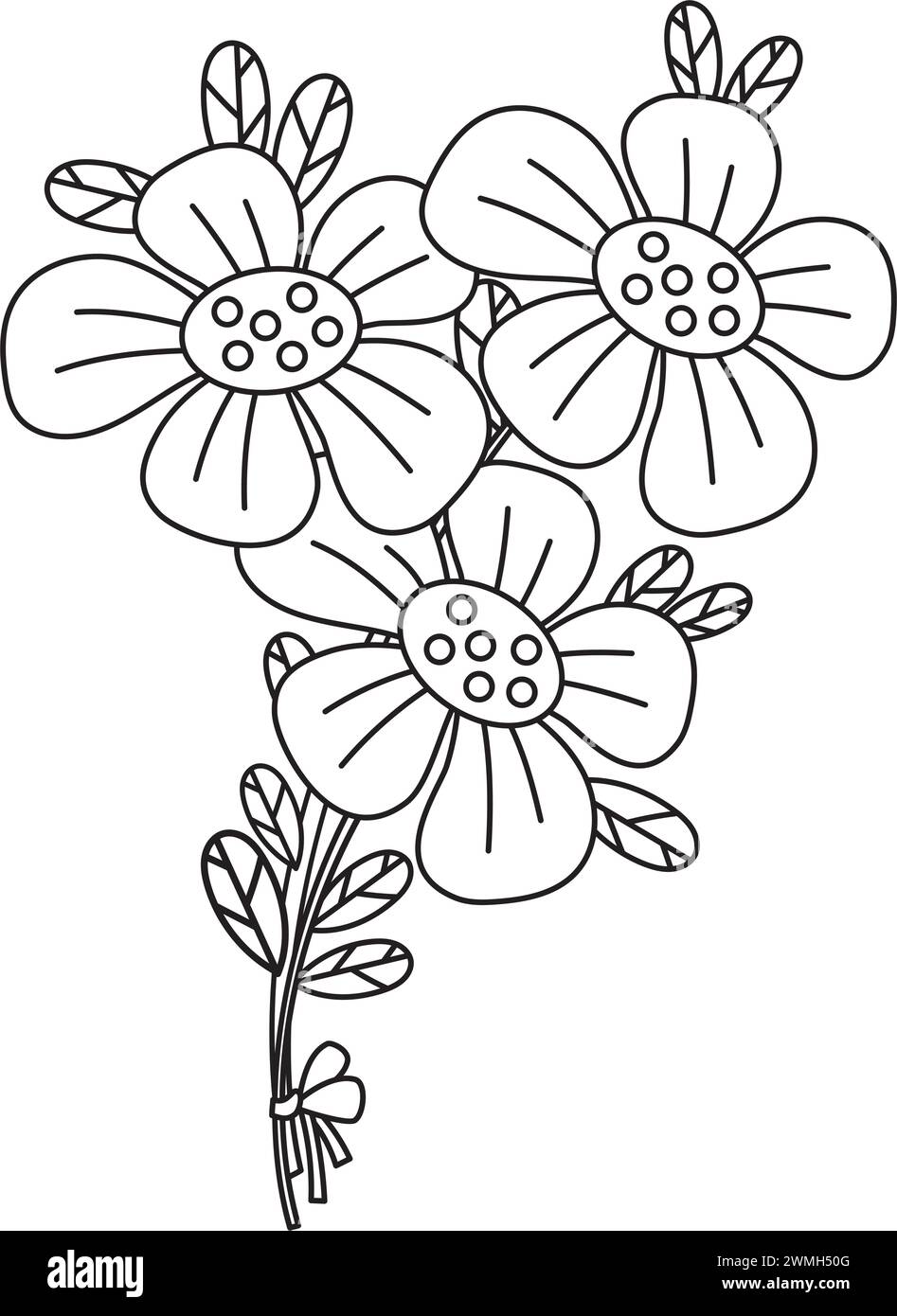 Bouquet di fiori. Contorno festivo piante di camomilla fiorite. Illustrazione vettoriale. Disegno al tratto, libro da colorare. Collezione bambini. Illustrazione Vettoriale