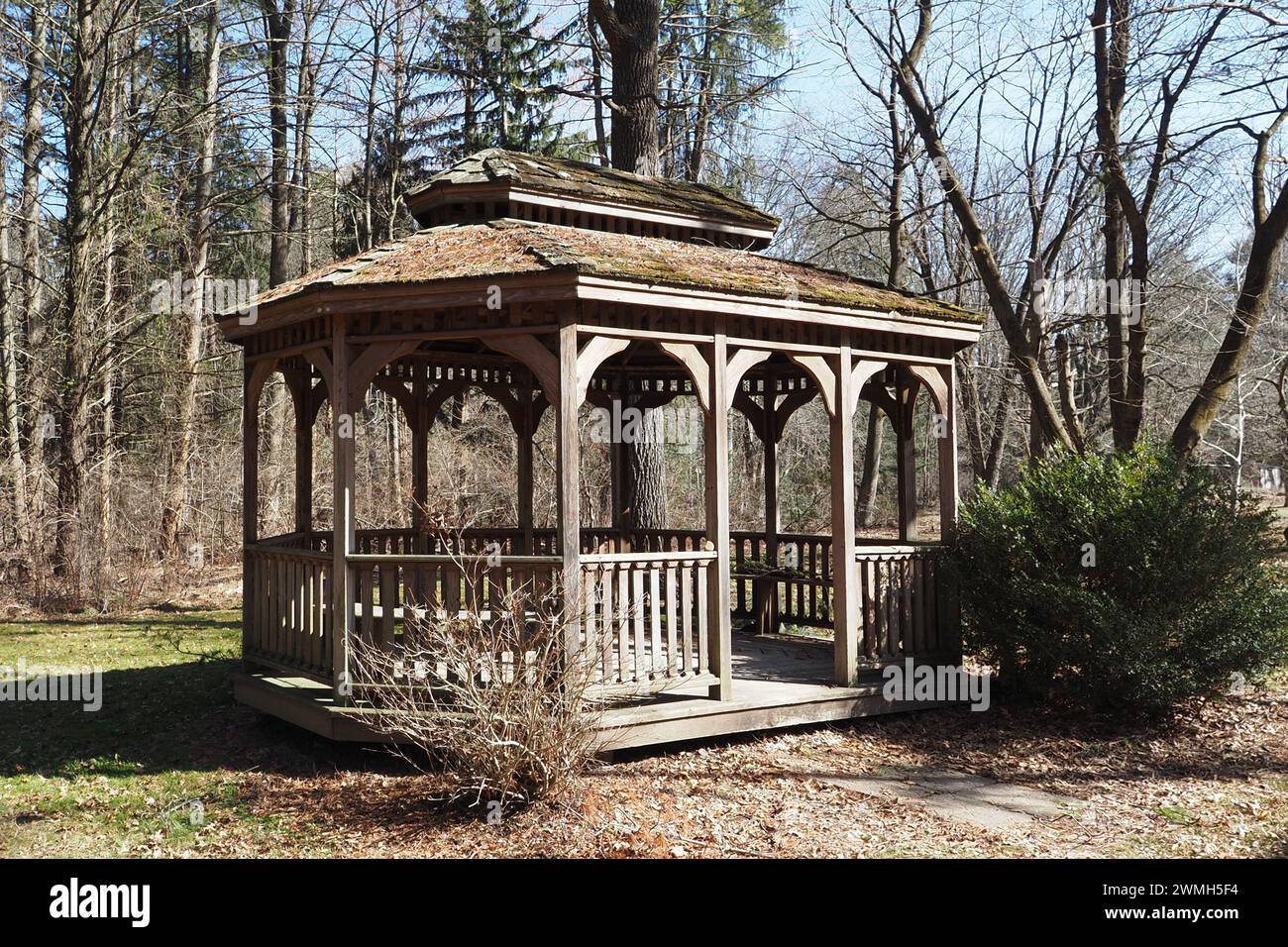 Il gazebo in legno si trova nel bosco di foret. Foto Stock