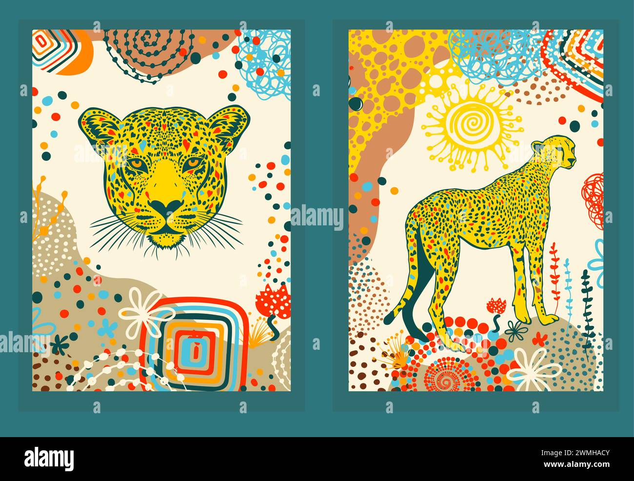 Poster colorati con un ghepardo. disegno a mano. Non ai, illustrazione vettoriale Illustrazione Vettoriale