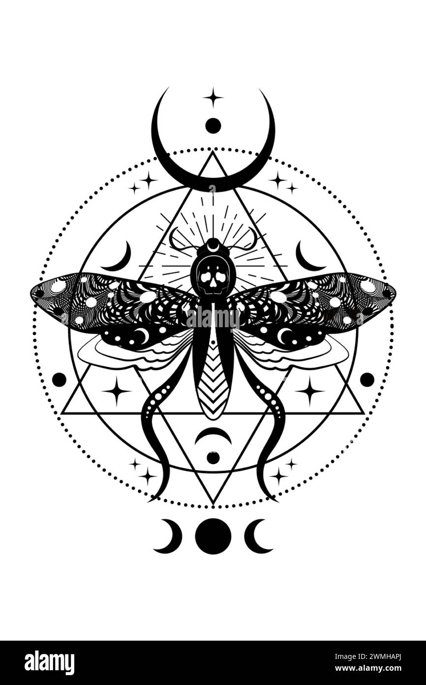 Falena mistica testa di morte in colore nero scuro. Luna Cresent e dea tripla wiccan, farfalla con un teschio. Geometria sacra. Alchimia, magia esoterica Illustrazione Vettoriale