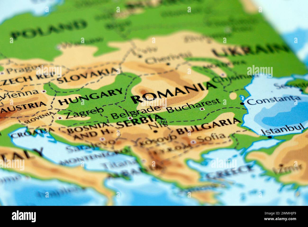 mappa mondiale dell'europa orientale, romania, serbia, ungheria, bulgaria in primo piano Foto Stock