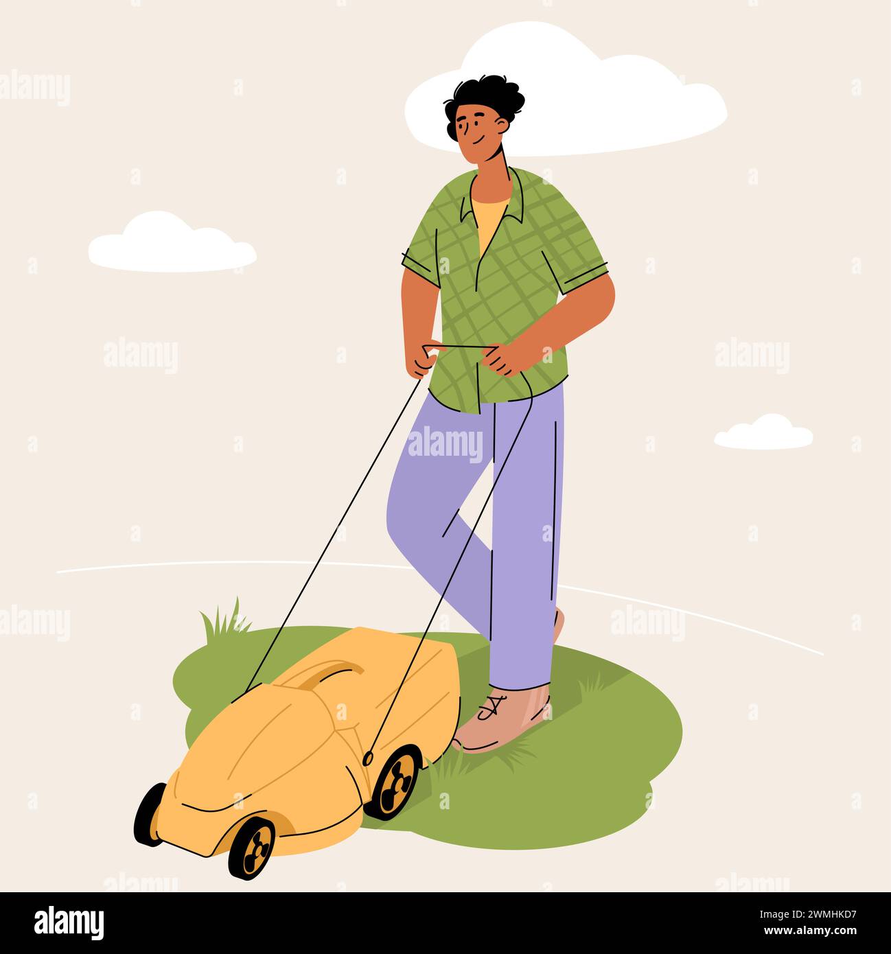 Il giardiniere con rasaerba taglia l'erba Illustrazione Vettoriale