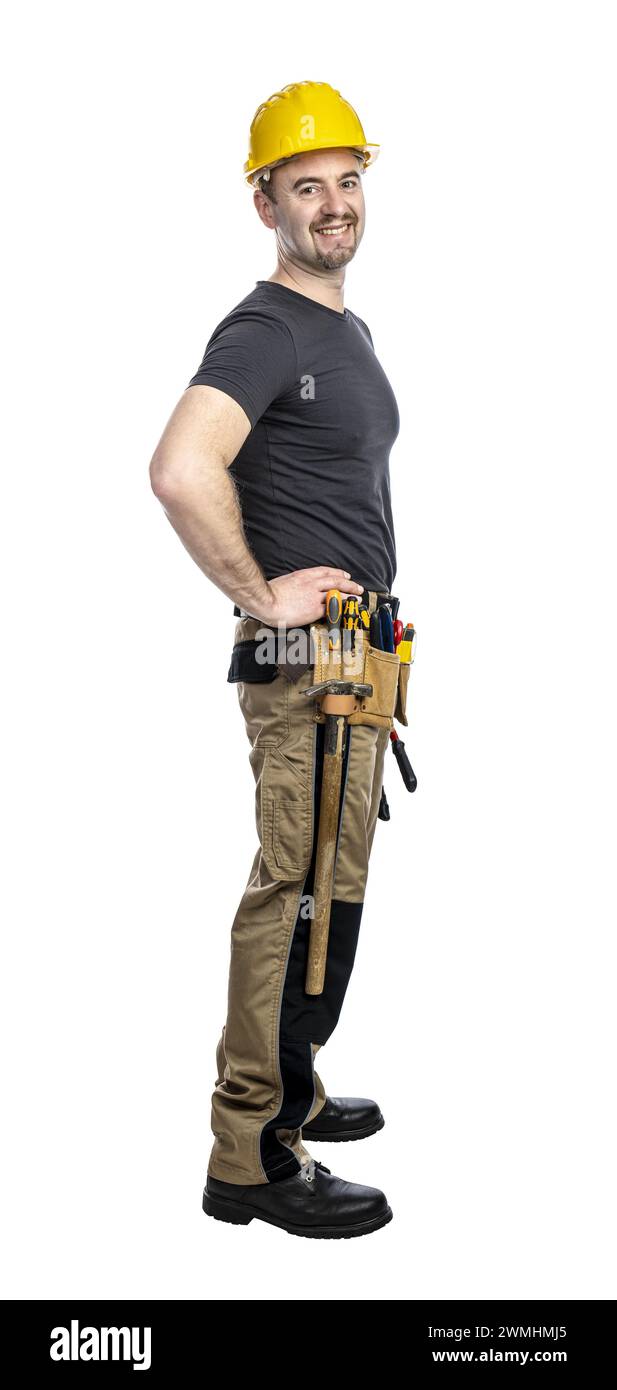 Costruttore maschile sicuro di sé con strumenti su sfondo trasparente Foto Stock