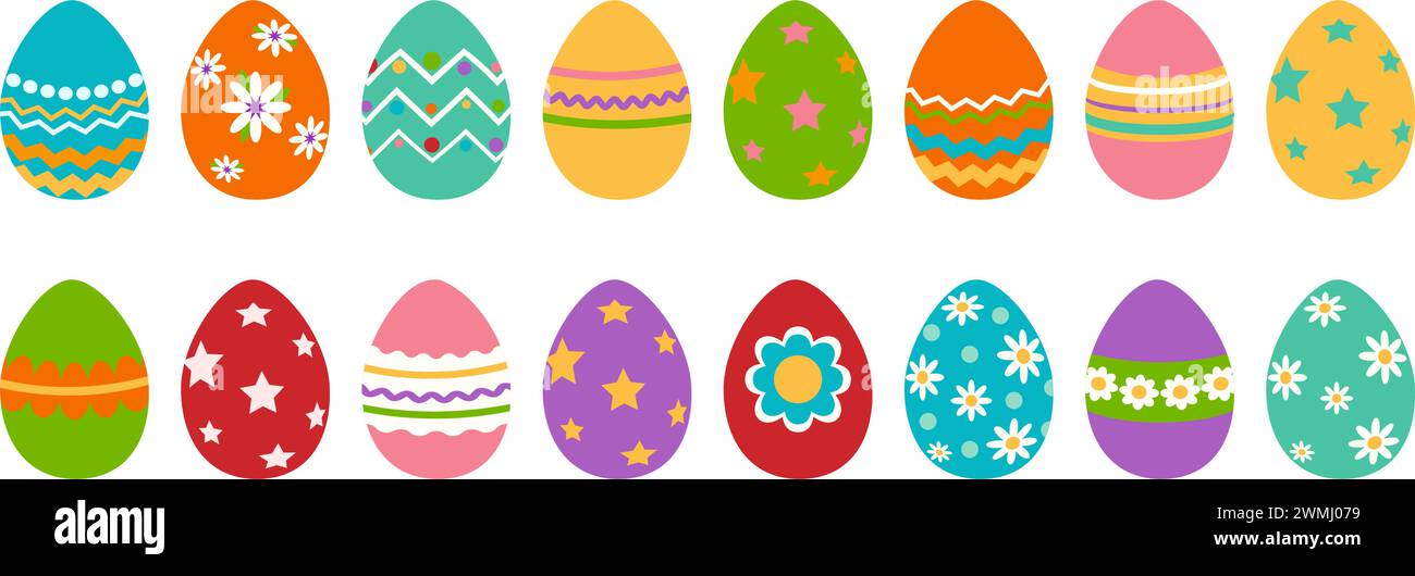 Uova di Pasqua isolate dipinte con colori brillanti. Set di uova. Stile piatto cartoni animati. Simboli religiosi tradizionali di Pasqua. Illustrazione vettoriale. Illustrazione Vettoriale
