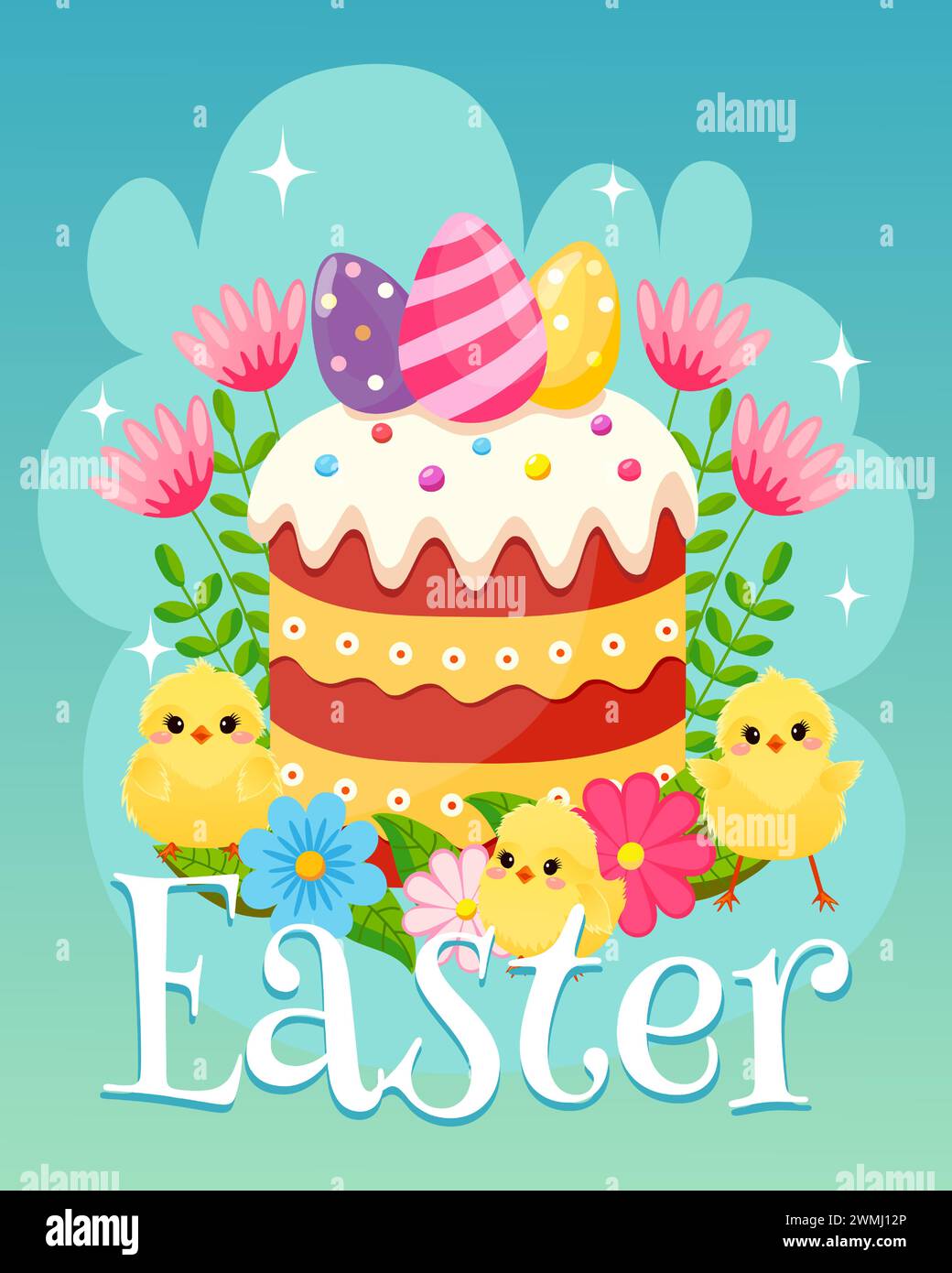 Poster di saluto per Pasqua. Sfondo pasquale con simboli festivi. Polli gialli soffici, uova colorate, torta di Pasqua, fiori primaverili ed erbe aromatiche. VECTO Illustrazione Vettoriale