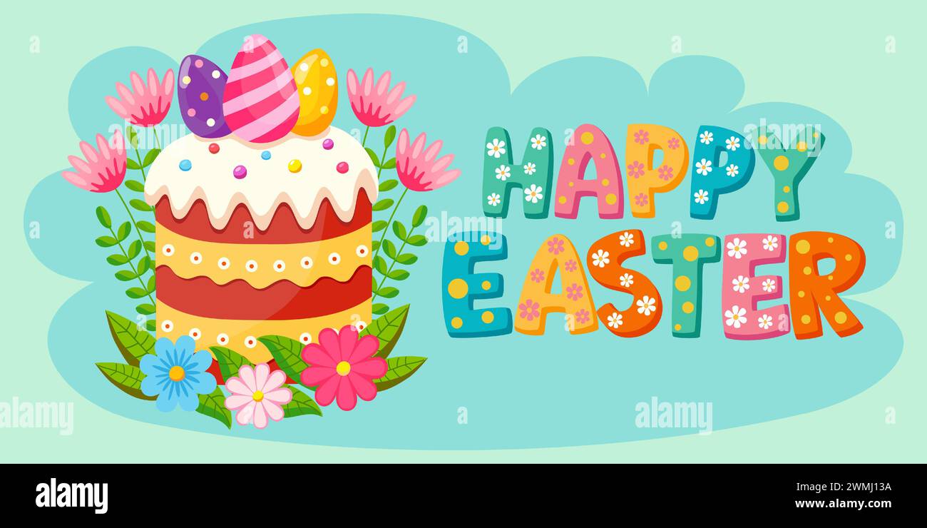 Poster colorato e allegro per una buona Pasqua. Sfondo pasquale con simboli festivi. Uova colorate, torta pasquale, fiori primaverili ed erbe aromatiche. Illustrazione vettoriale Illustrazione Vettoriale