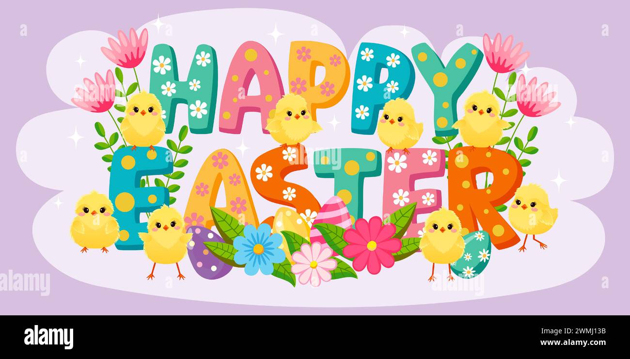Saluto allegro striscione con iscrizione colorata buona Pasqua. Sfondo pasquale con simboli festivi. Polli gialli soffici, uova colorate, primavera Illustrazione Vettoriale