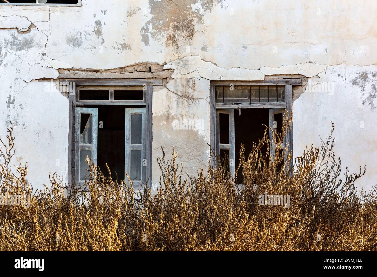 Facciata dell'edificio trascurata con finestre rotte e persiane blu nella città infestata dai fantasmi di al Jazirah al Hamra a Ras al Khaimah, Emirati Arabi Uniti. Foto Stock