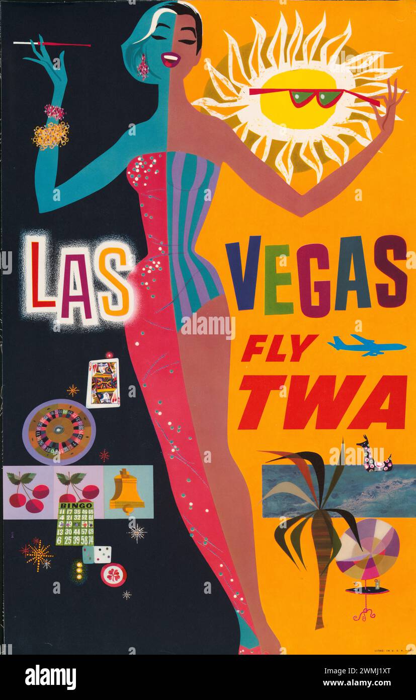 Poster di viaggio vintage TWA Las Vegas di David Klein, pubblicato ca. 1962 Foto Stock