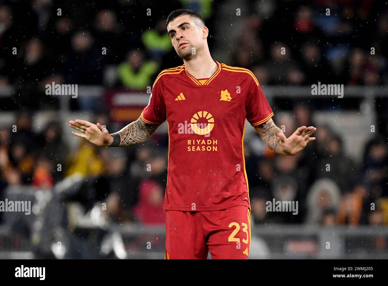 Roma, Italia. 26 febbraio 2024. Gianluca Mancini dell'AS Roma gesta durante la partita di serie A tra AS Roma e Torino FC allo stadio Olimpico di Roma (Italia), 26 febbraio 2024. Crediti: Insidefoto di andrea staccioli/Alamy Live News Foto Stock