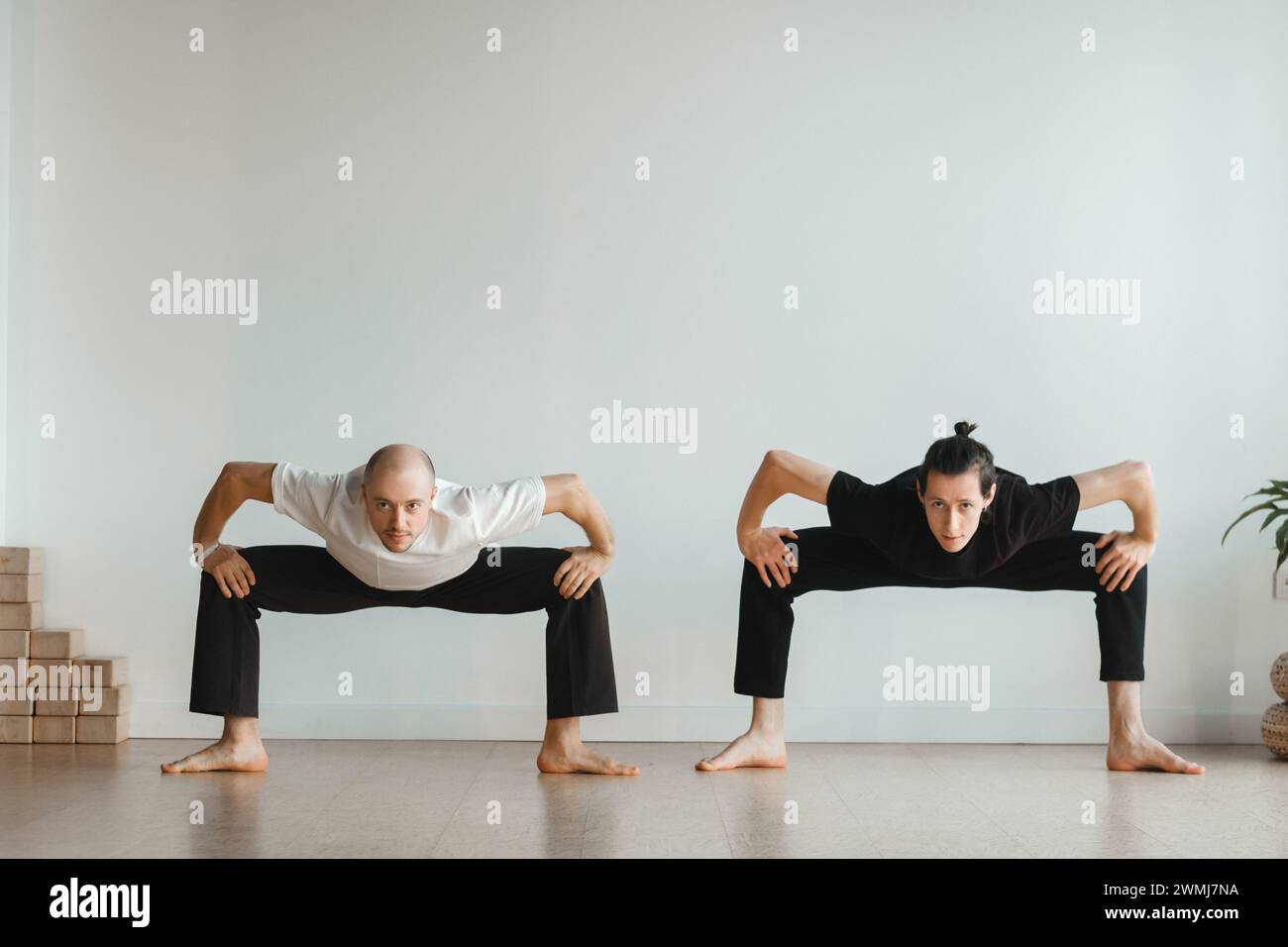 due giovani atleti praticano yoga in palestra. Formazione congiunta, al chiuso, studio. Il concetto di uno stile di vita sano. Foto Stock