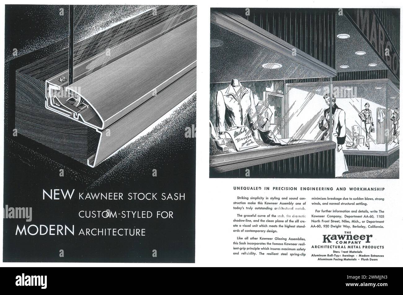 1950 annuncio a mezzo Stampa prodotti architettonici in metallo di Kawneer Company Foto Stock