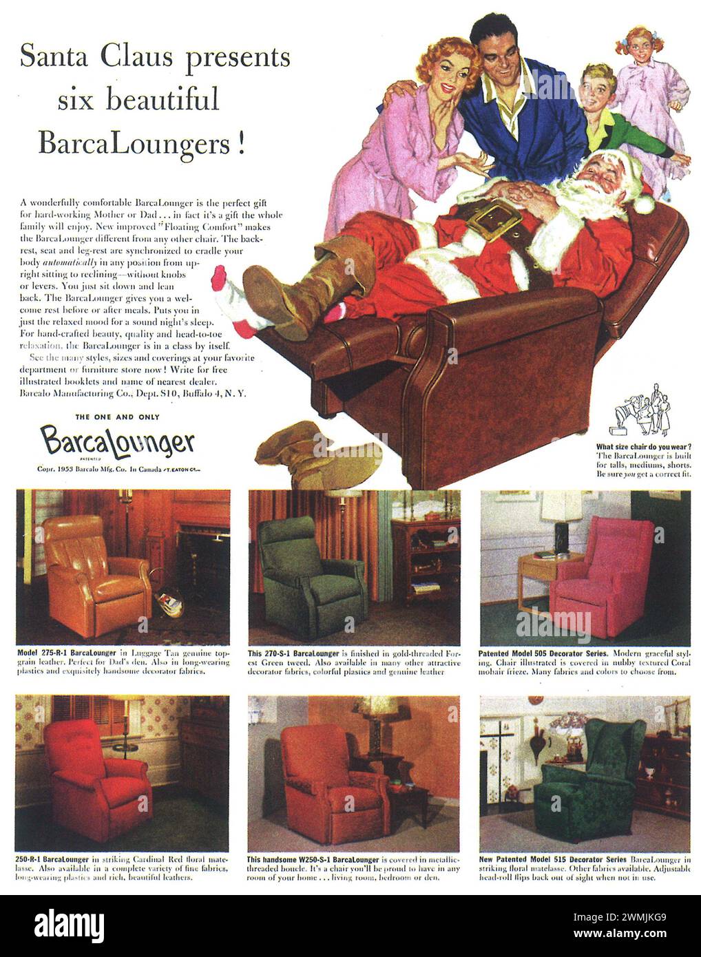Annuncio pubblicitario a mezzo Stampa di BarcaLounger 1953. "Babbo Natale presenta sei bellissimi BarcaLoungers." Foto Stock
