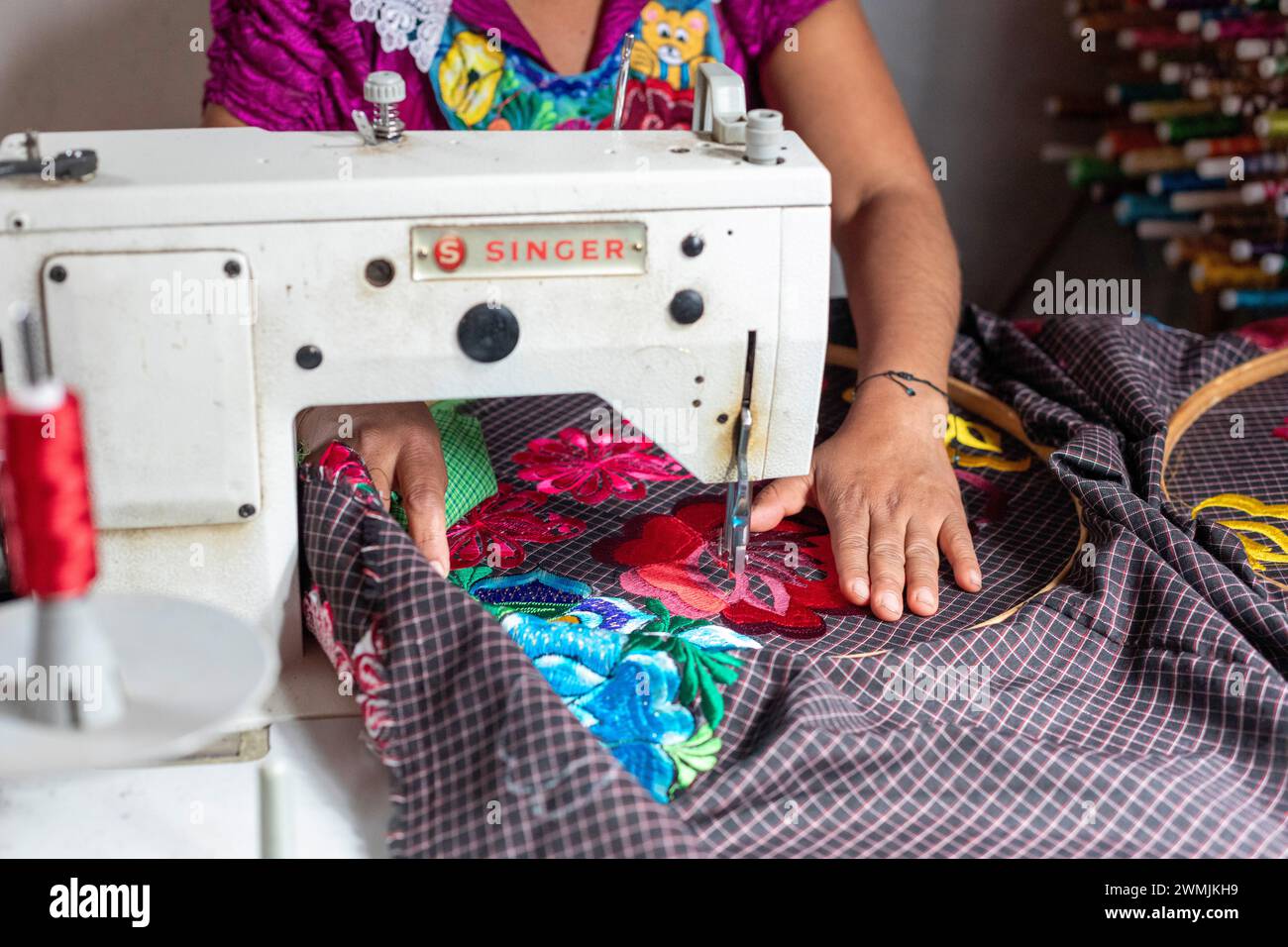 San Miguel del Valle, Oaxaca, Messico - Epifania Hernandez Garcia produce grembiuli elaborati, indossati dalla maggior parte delle donne in questa città rurale messicana. apro diverso Foto Stock