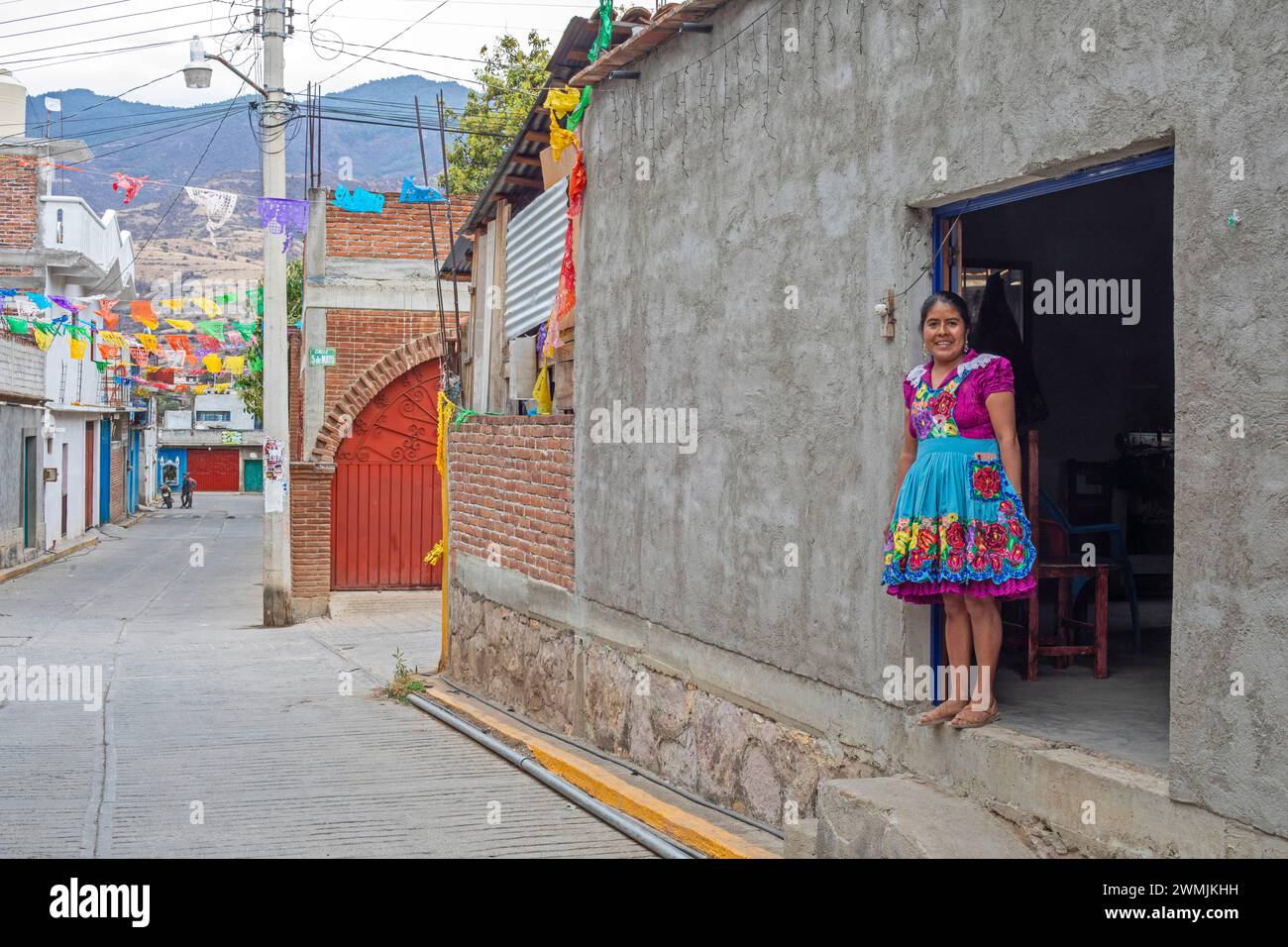 San Miguel del Valle, Oaxaca, Messico - Epifania Hernandez Garcia si trova all'ingresso del suo negozio, dove realizza grembiuli elaborati. Questi grembiuli lo sono Foto Stock
