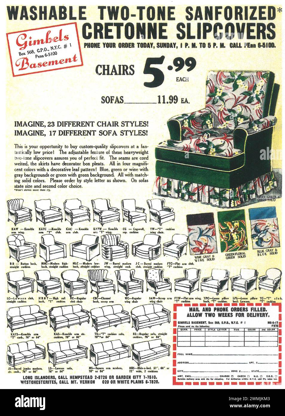 1950 Gimbels Basement Department Store N.Y.C. vende pubblicità di stampa di mobili Foto Stock