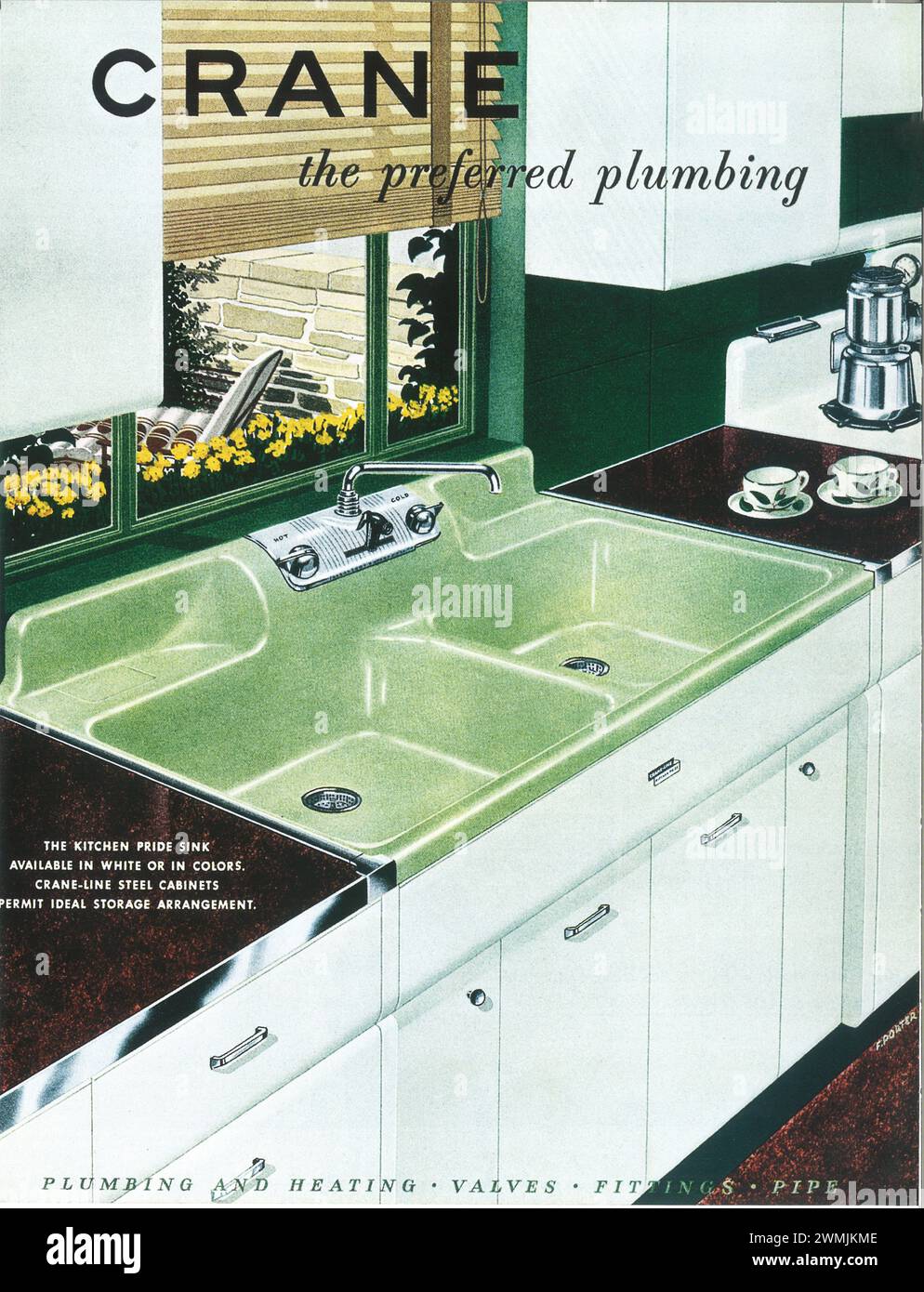 1950 Crane the Preferred Plumbing Light Green Kitchen Sink Print ad Foto Stock