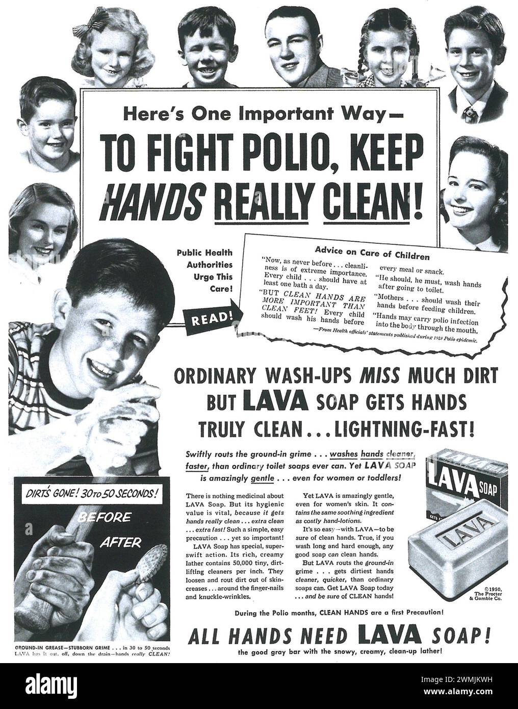1950 annuncio a stampa di sapone lavico Polio Prevention Foto Stock