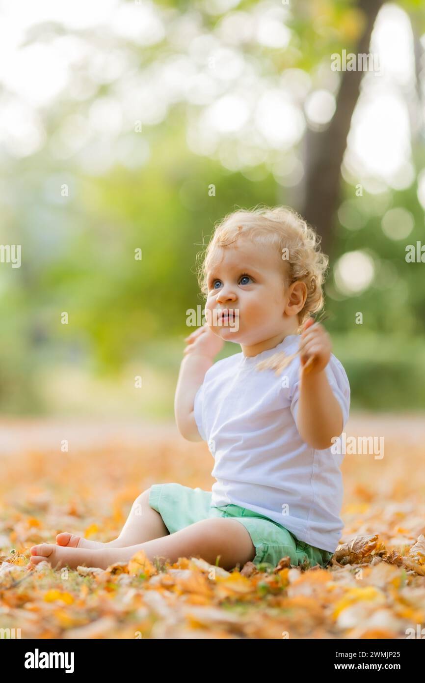 Bella bionda riccia seduta sull'erba in autunno. Foto di alta qualità Foto Stock