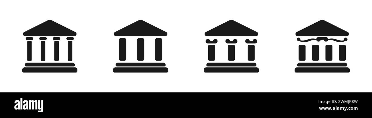 Icone dell'edificio del teatro con colonne. Vettore icona banca aziendale. Set di simboli vettoriali lineari del business center. Concetto di costruzione dei pagamenti. Illustrazione Vettoriale