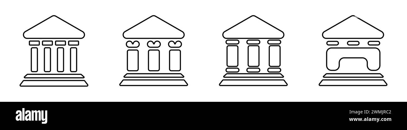 Icone dell'edificio del teatro con colonne. Vettore icona banca aziendale. Set di simboli vettoriali lineari del business center. Concetto di costruzione dei pagamenti. Illustrazione Vettoriale