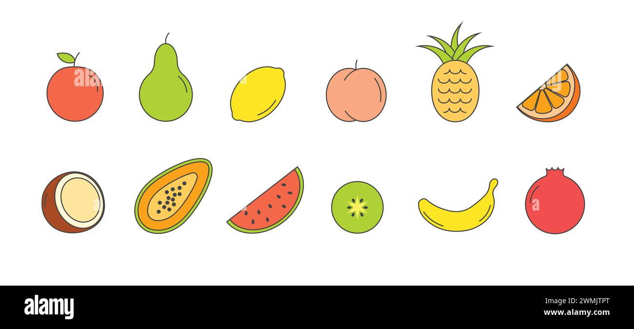 Set di frutta in linea. Frutti tropicali. Illustrazione vettoriale di stile lineare isolata su sfondo bianco. Illustrazione Vettoriale
