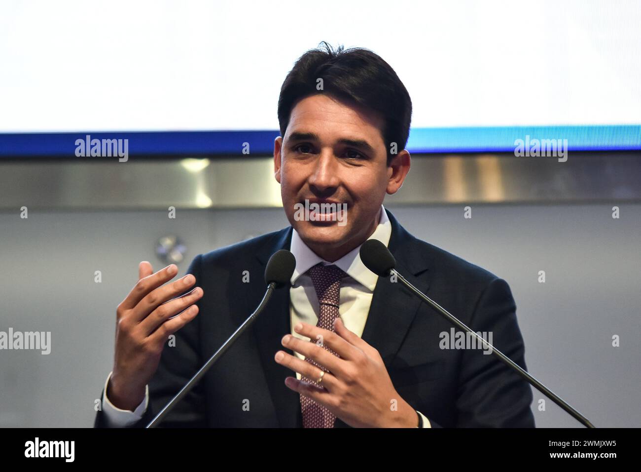 SÃO PAULO, SP - 26.02.2024: MIN. SILVIO COSTA PARTICIPA DE EVENTO SP - partecipa all'evento P3C sulle partnership pubblico-privato (PPP) e sulle concessioni. L'evento discuterà gli investimenti infrastrutturali in Brasile e valuterà lo scenario di partnership pubbliche e private, questo lunedì (26) presso la sede di B3, a São Paolo. (Foto: Roberto Casimiro/Fotoarena) Foto Stock