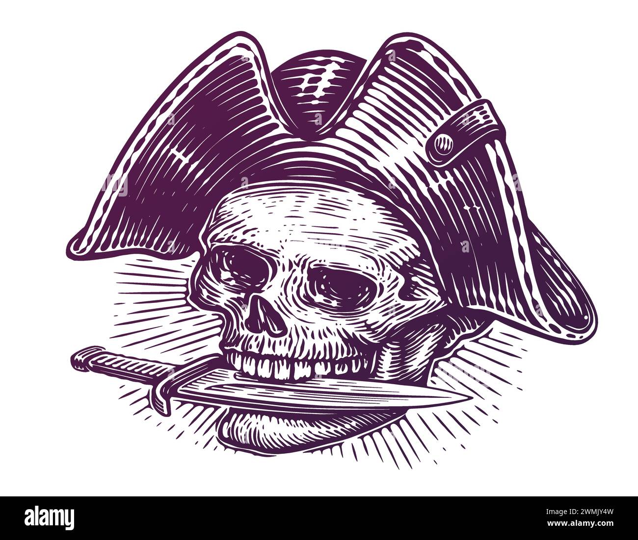 Teschio pirata in cappello con cutlass nei denti. Illustrazione disegnata a mano in stile incisione vintage Illustrazione Vettoriale