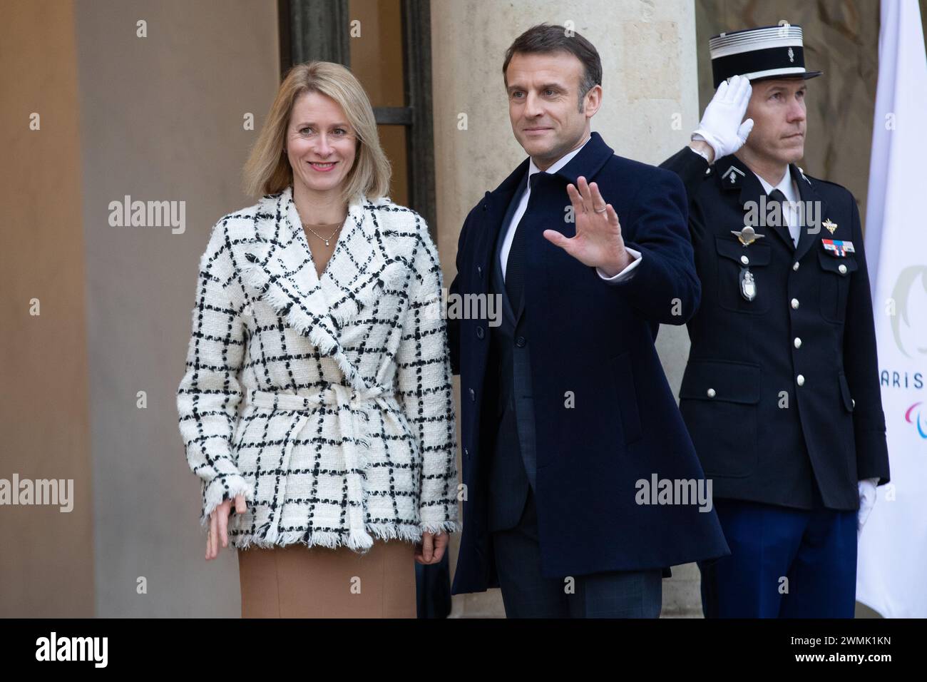 Parigi, Francia, lunedì 26 febbraio 2024, Conferenza di sostegno per l'Ucraina, signora Kaja Kallas, primo ministro dell'Estonia, Emmanuel Macron, presidente francese Credit Franc Loock / Alamy Live News Foto Stock