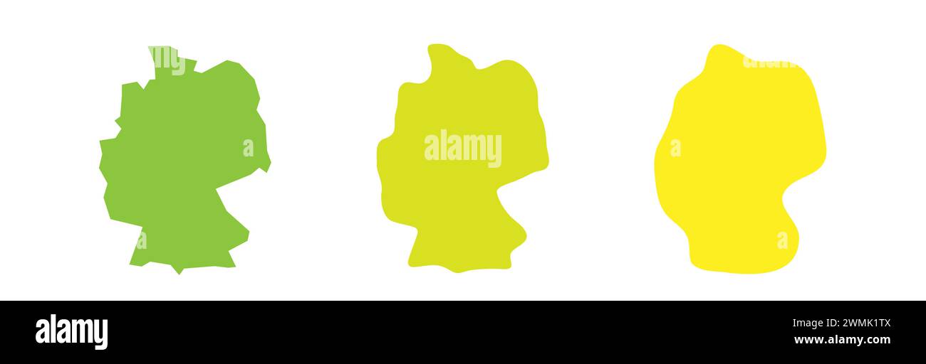 Profilo nero e silhouette country colorate in Germania in tre diversi livelli di morbidezza. Mappe semplificate. Icone vettoriali isolate su sfondo bianco. Illustrazione Vettoriale