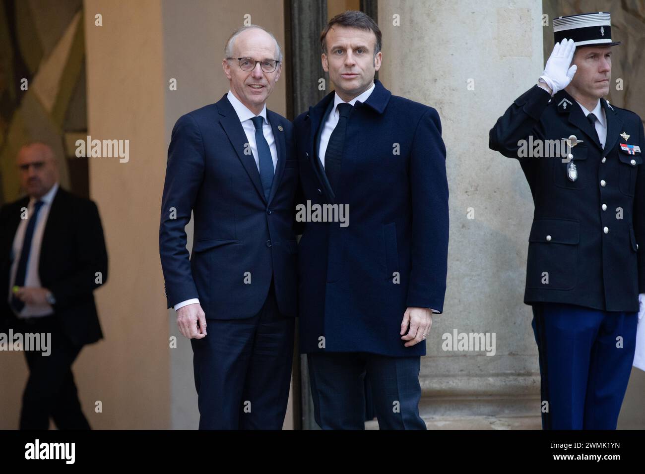 Parigi, Francia, lunedì 26 febbraio 2024, Conferenza di sostegno all'Ucraina, Luc Frieden, primo ministro lussemburghese, Emmanuel Macron, Presidente francese Credit Franc Loock / Alamy Live News Foto Stock