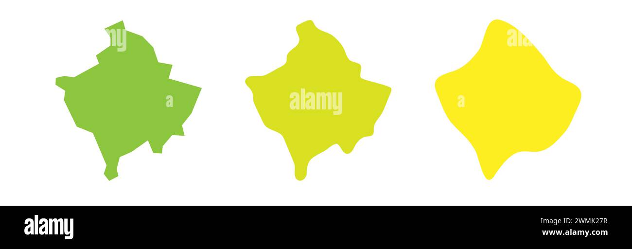 Il profilo nero del paese del Kosovo e le sagome colorate del paese in tre diversi livelli di levigatezza. Mappe semplificate. Icone vettoriali isolate su sfondo bianco. Illustrazione Vettoriale