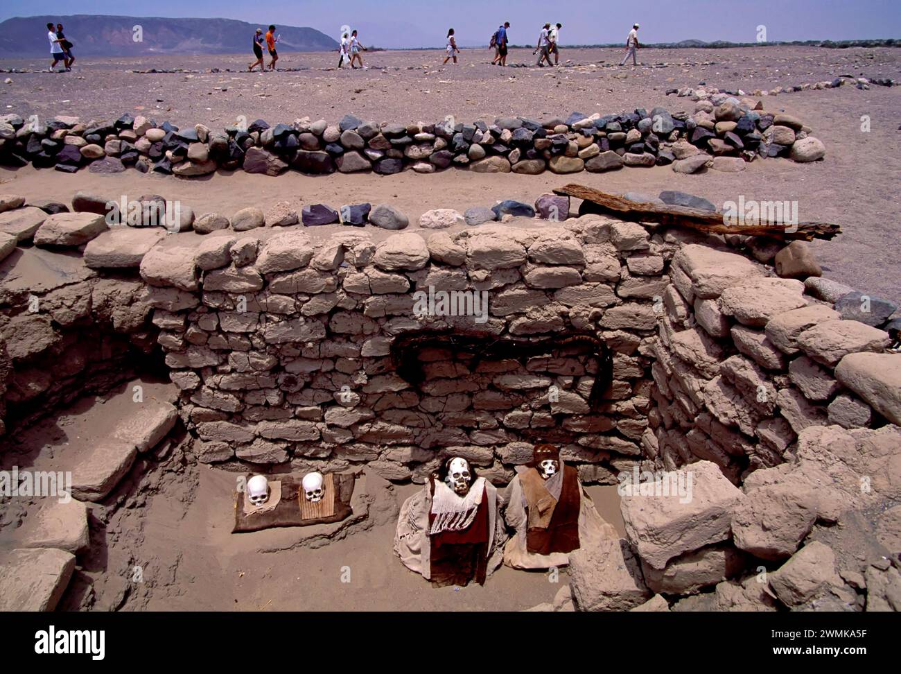 Gli scheletri candeggiano nel deserto sole del cimitero di Chauchilla, un luogo di sepoltura risalente al tardo periodo Nazca, dal 500 d.C. al 700. I rapinatori di tombe hanno il bagno... Foto Stock