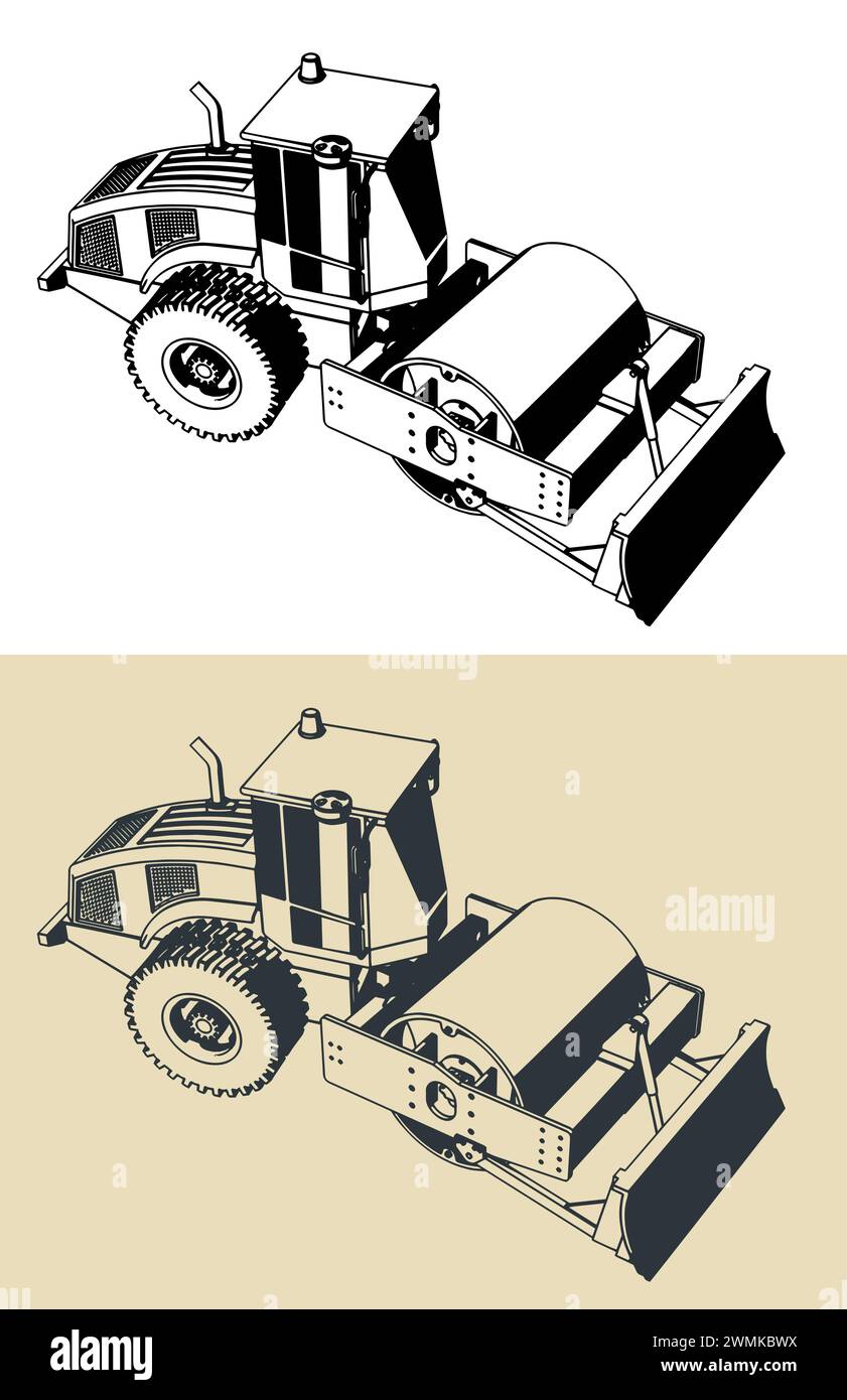 Illustrazioni vettoriali stilizzate del compattatore a rulli Illustrazione Vettoriale