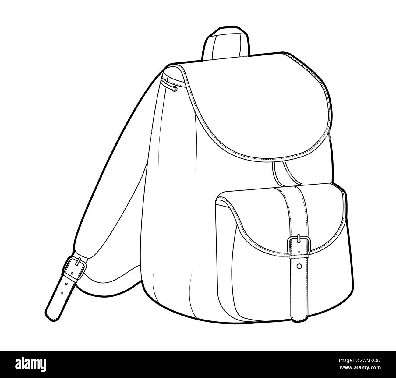 Borsa Adventure con silhouette a zaino. Illustrazione tecnica degli accessori alla moda. Borsa scolastica vettoriale a 3-4° per uomo, donna, modello unisex, borsa piatta con disegno CAD isolato Illustrazione Vettoriale