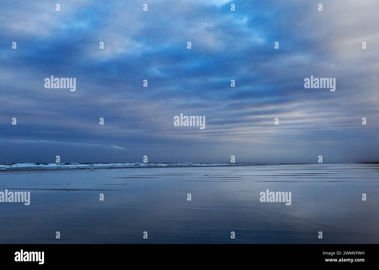 Vista panoramica della costa e dell'oceano Pacifico all'ora blu del crepuscolo; Long Beach, Washington, Stati Uniti d'America Foto Stock