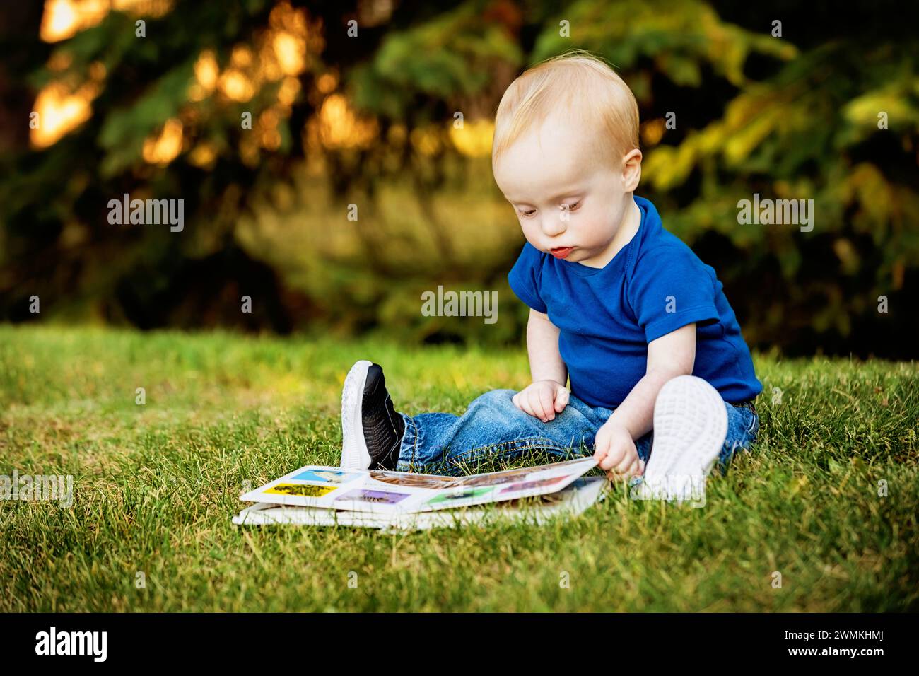 Bambino con sindrome di Down seduto e guardando un libro illustrato sull'erba in un parco cittadino durante un caldo pomeriggio autunnale; Leduc, Alberta, Canada Foto Stock