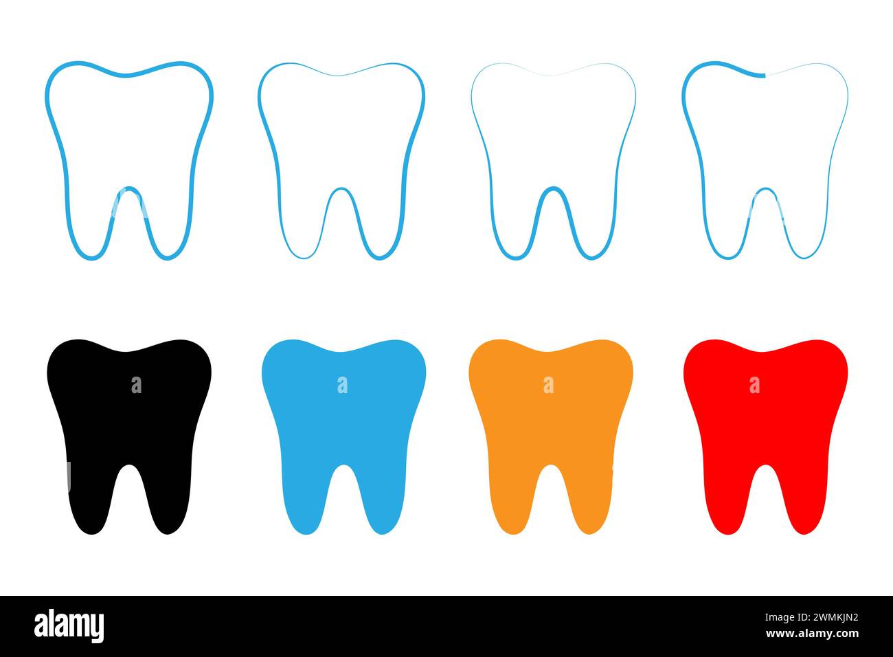 Collezione di icone dei denti in vettori di stile grafico piatto e lineare. Illustrazione Vettoriale