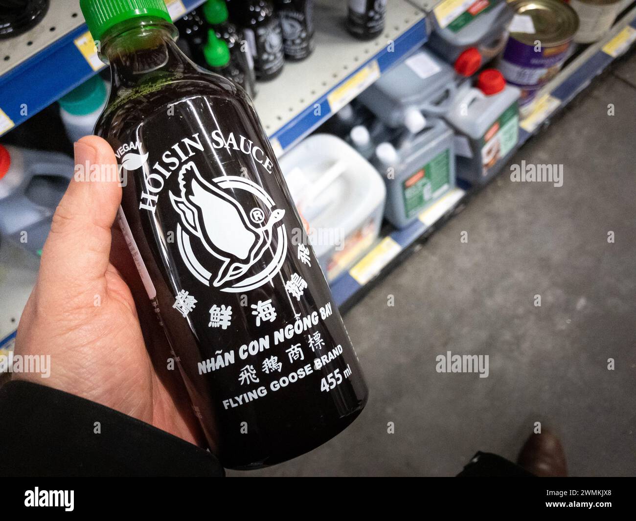 Immagine di una bottiglia di salsa hoisin del marchio Flying Goose in vendita in un supermercato di Belgrado. La salsa Hoisin è comunemente una salsa densa e profumata Foto Stock