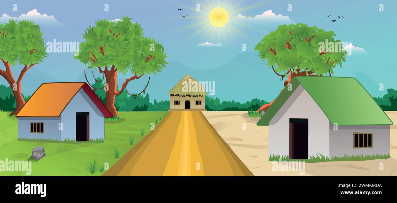 Illustrazione vettoriale di poster di sfondo del villaggio pakistano di campagna, cartolina, modello di prati verdi e circondato da alberi e montagne Illustrazione Vettoriale
