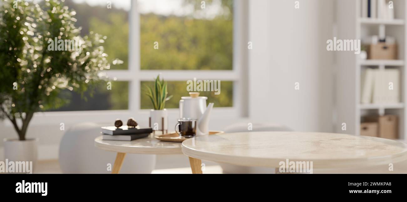 Uno spazio per le copie per l'esposizione dei prodotti su un tavolino da caffè in marmo in un moderno soggiorno bianco. immagine ravvicinata. rendering 3d, illustrazione 3d. Foto Stock